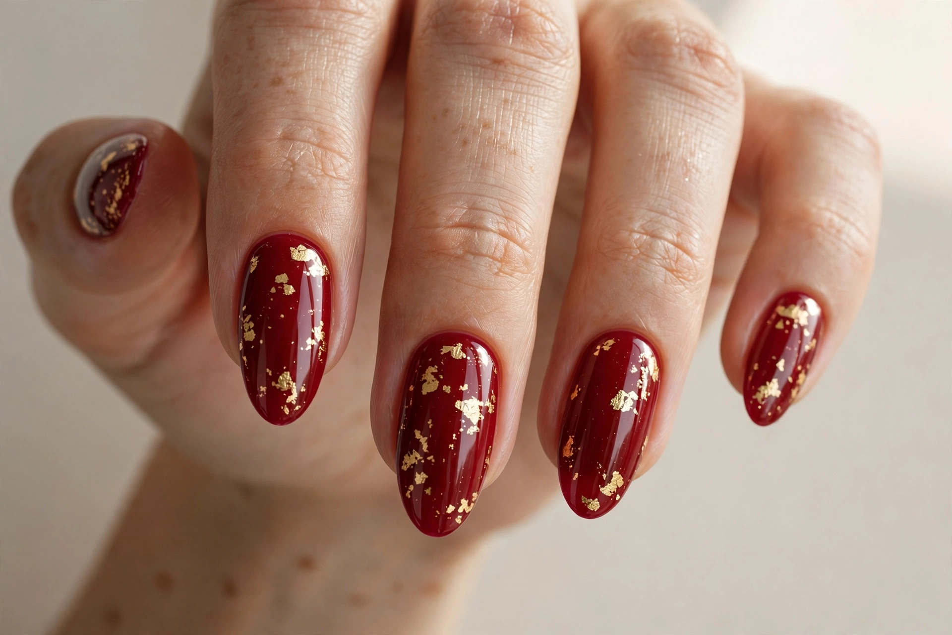 Deep red nails scattered with gold foil flakes