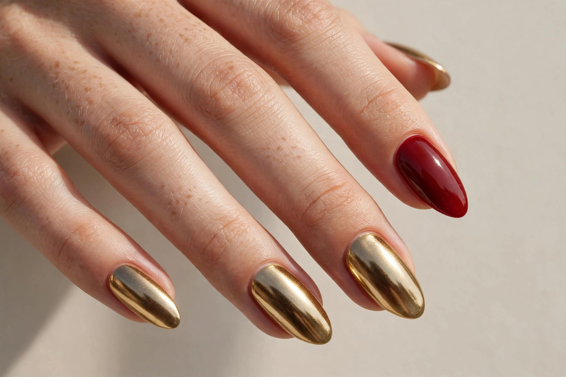 Metallic gold chrome nails with a single deep red accent nail