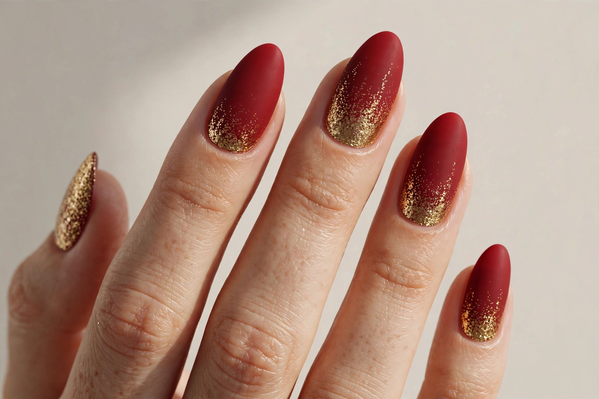 Matte deep red nails with gold glitter reverse gradient from the cuticle