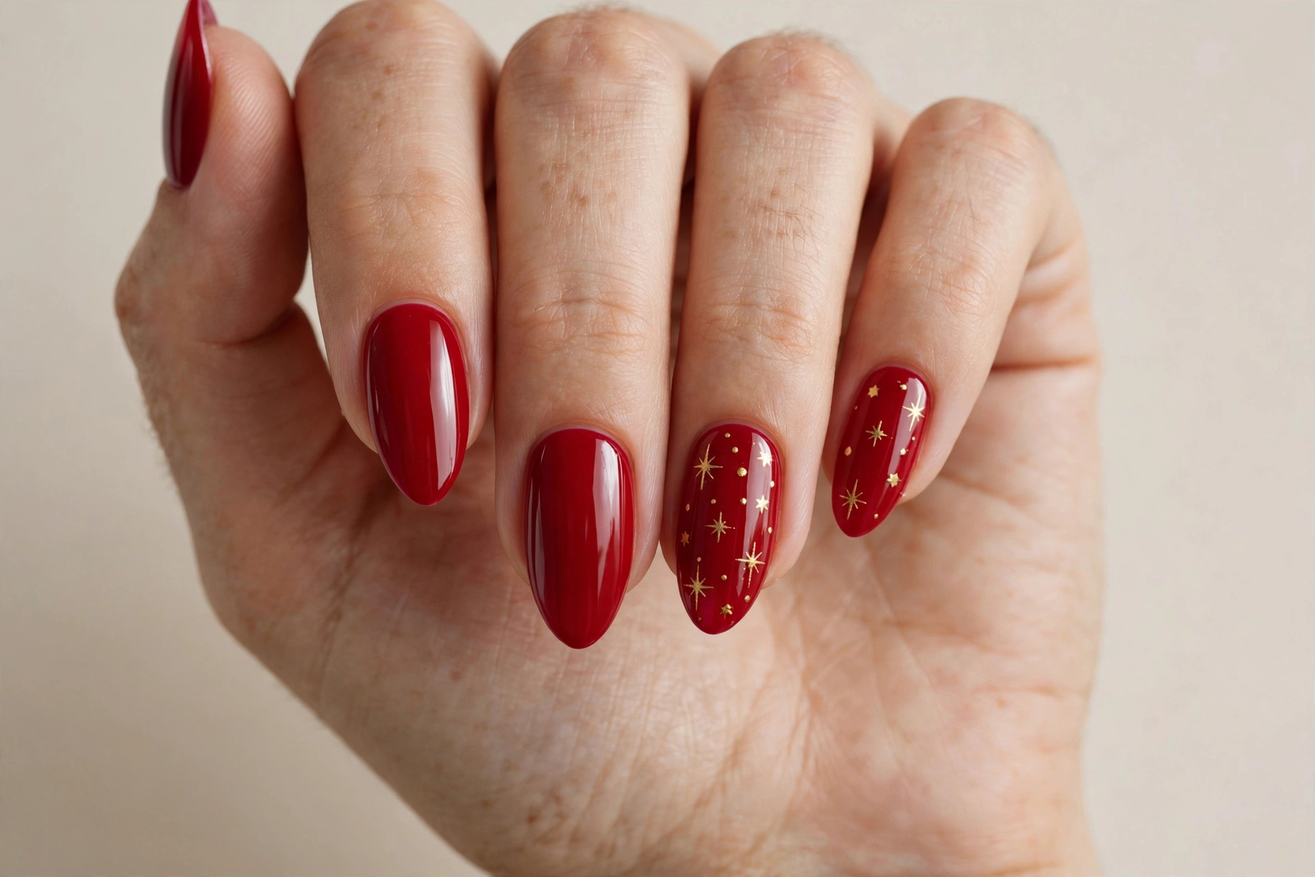 Glossy red nails with tiny gold star nail art