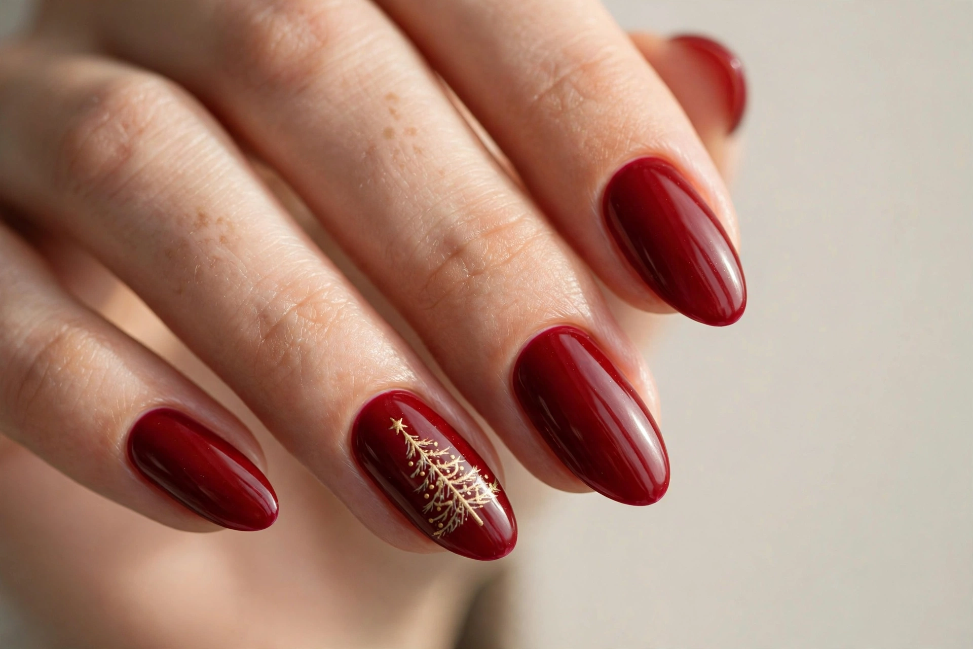 Deep red nails with a delicate gold Christmas tree on an accent nail