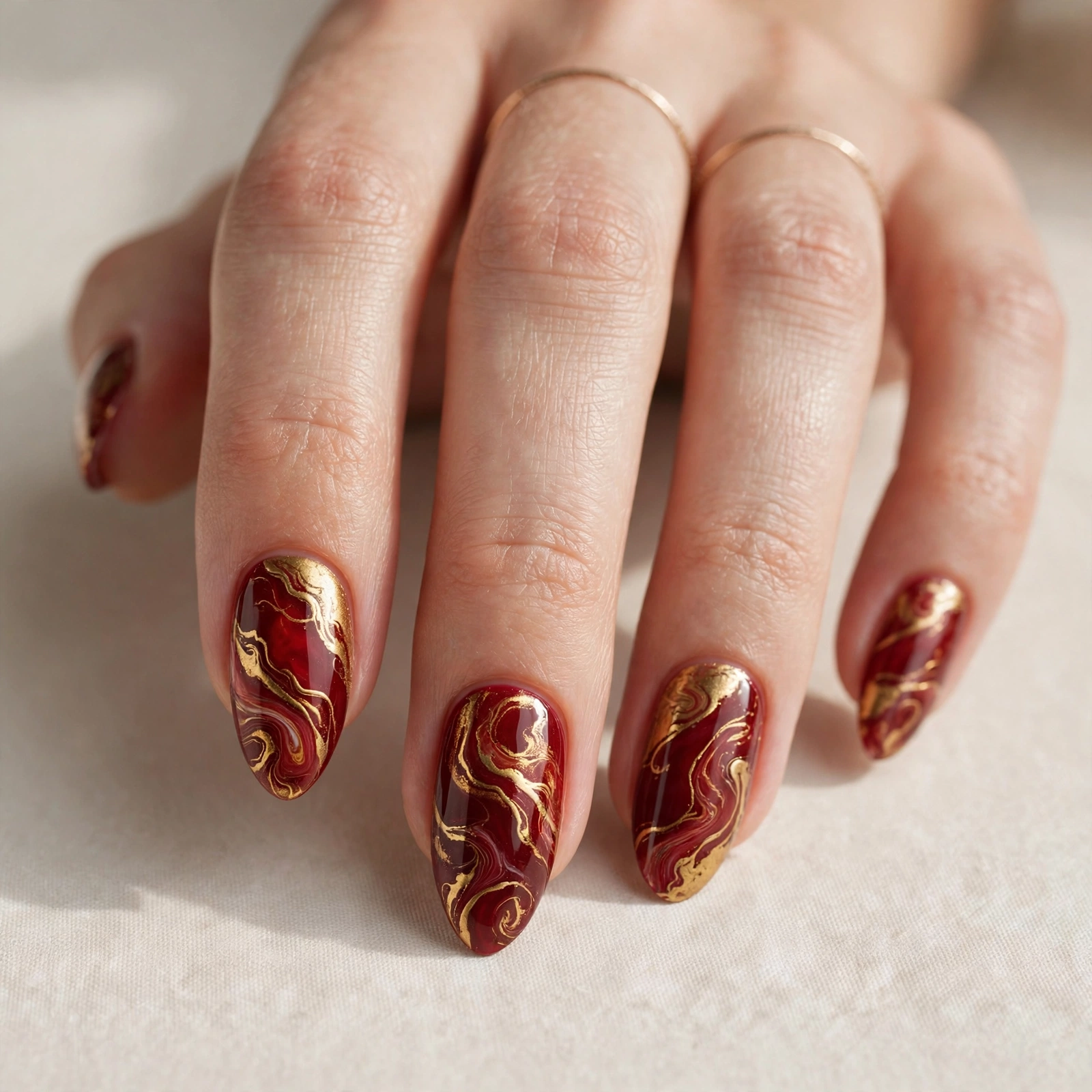 Red and gold marble swirl manicure with gold veining