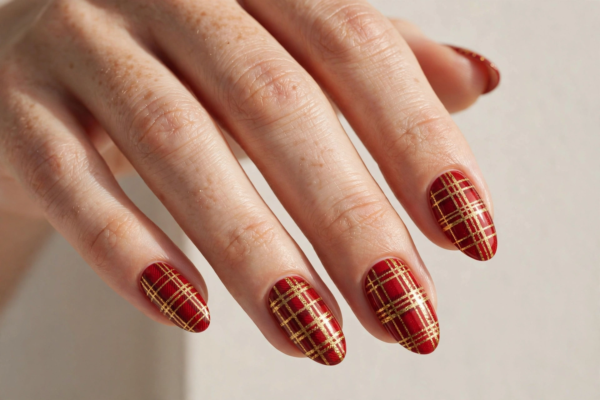 Red and gold tartan plaid Christmas nail pattern
