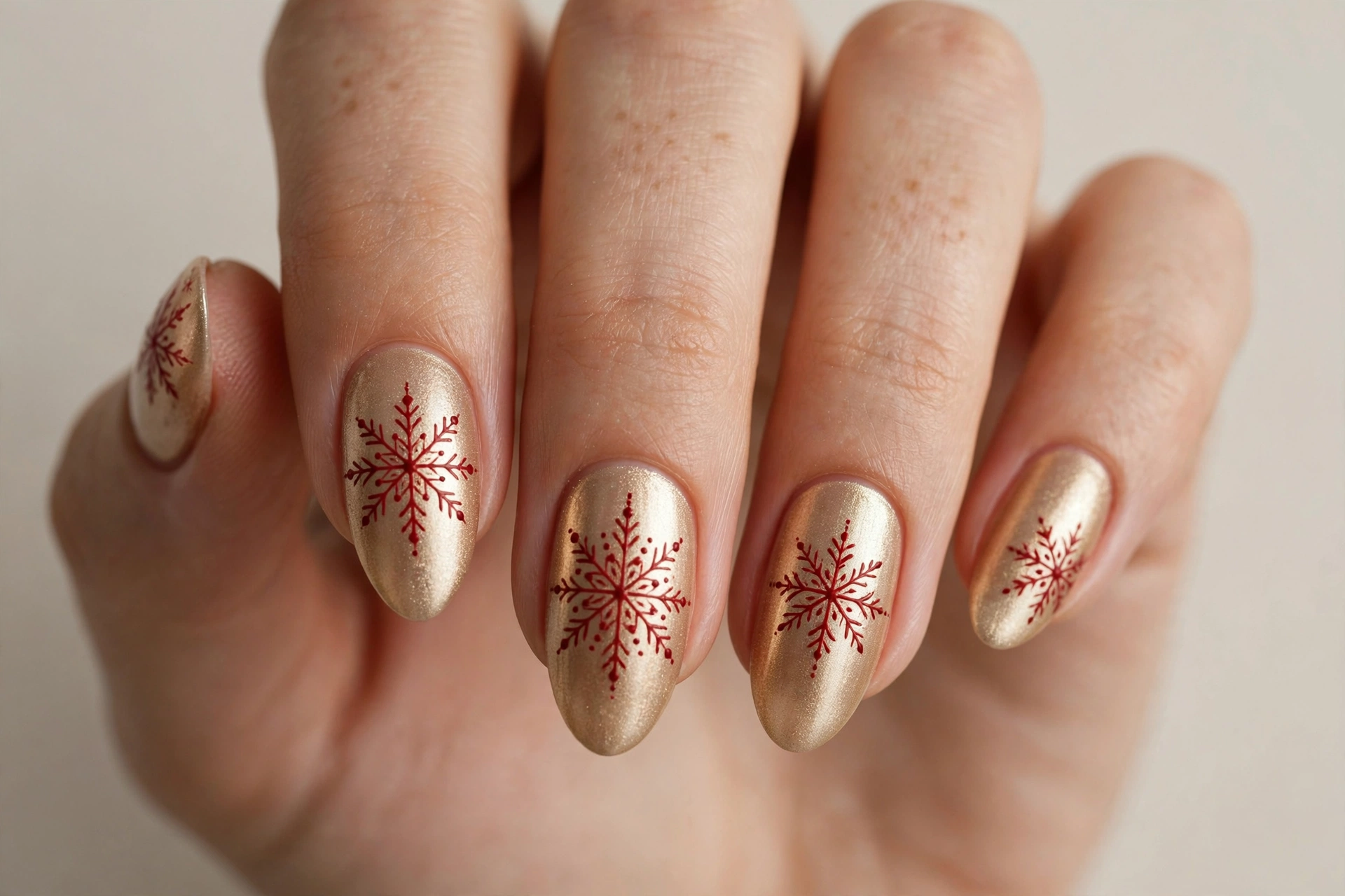 Champagne gold nails with red snowflake nail art