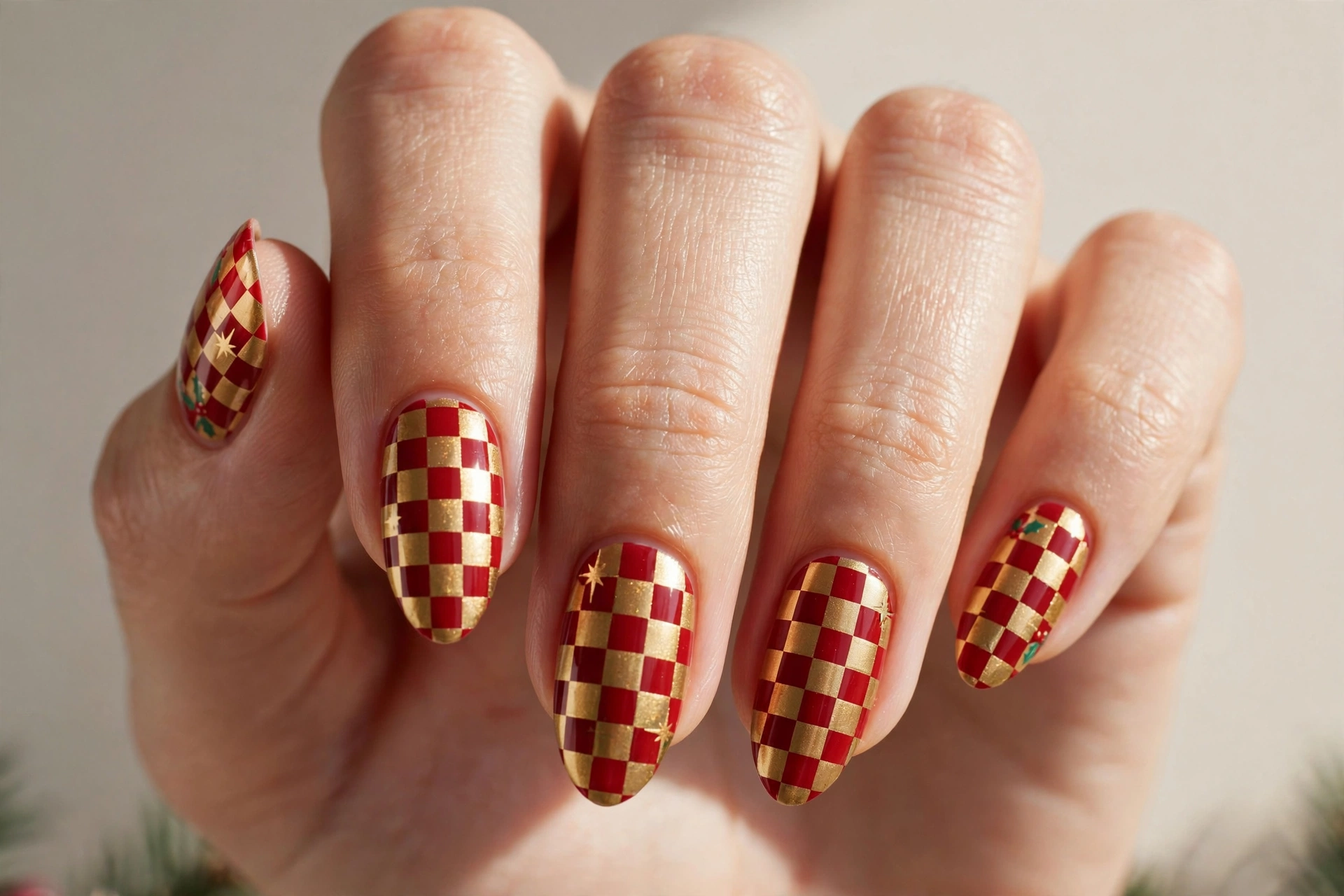 Red and gold checkerboard pattern manicure