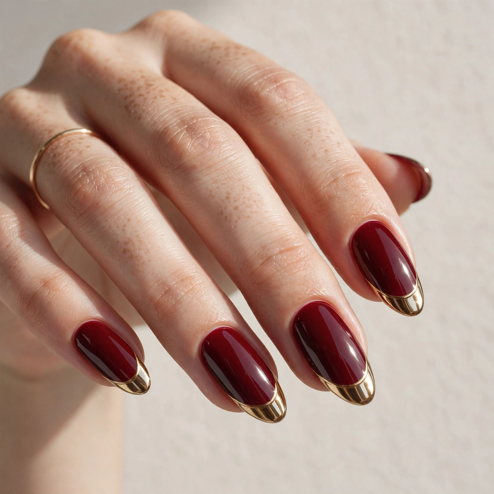 Deep burgundy nails with reflective gold chrome French tips