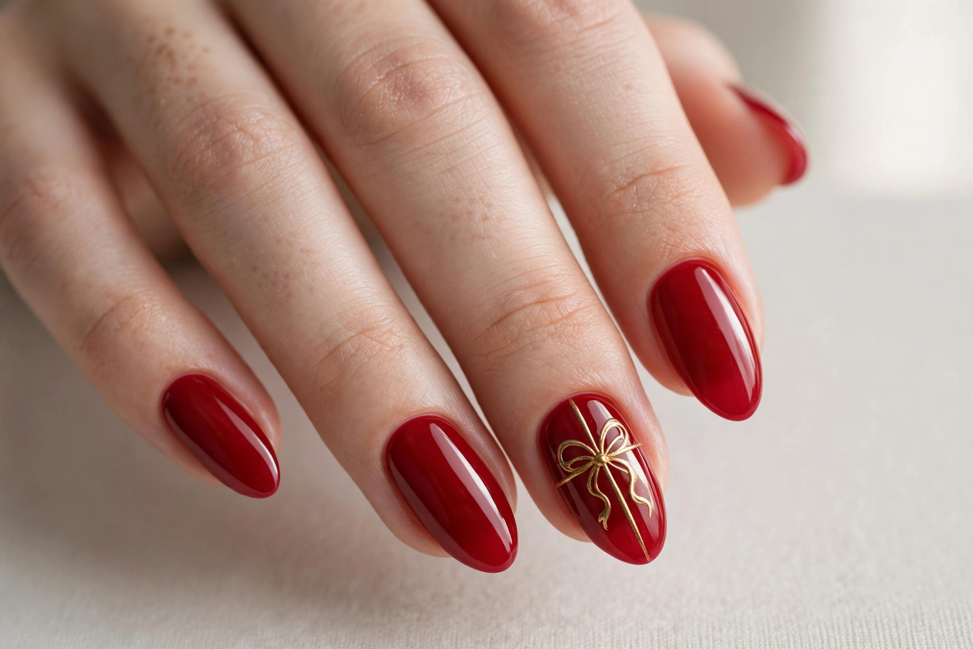 Glossy red nails with a gold gift bow painted on an accent nail
