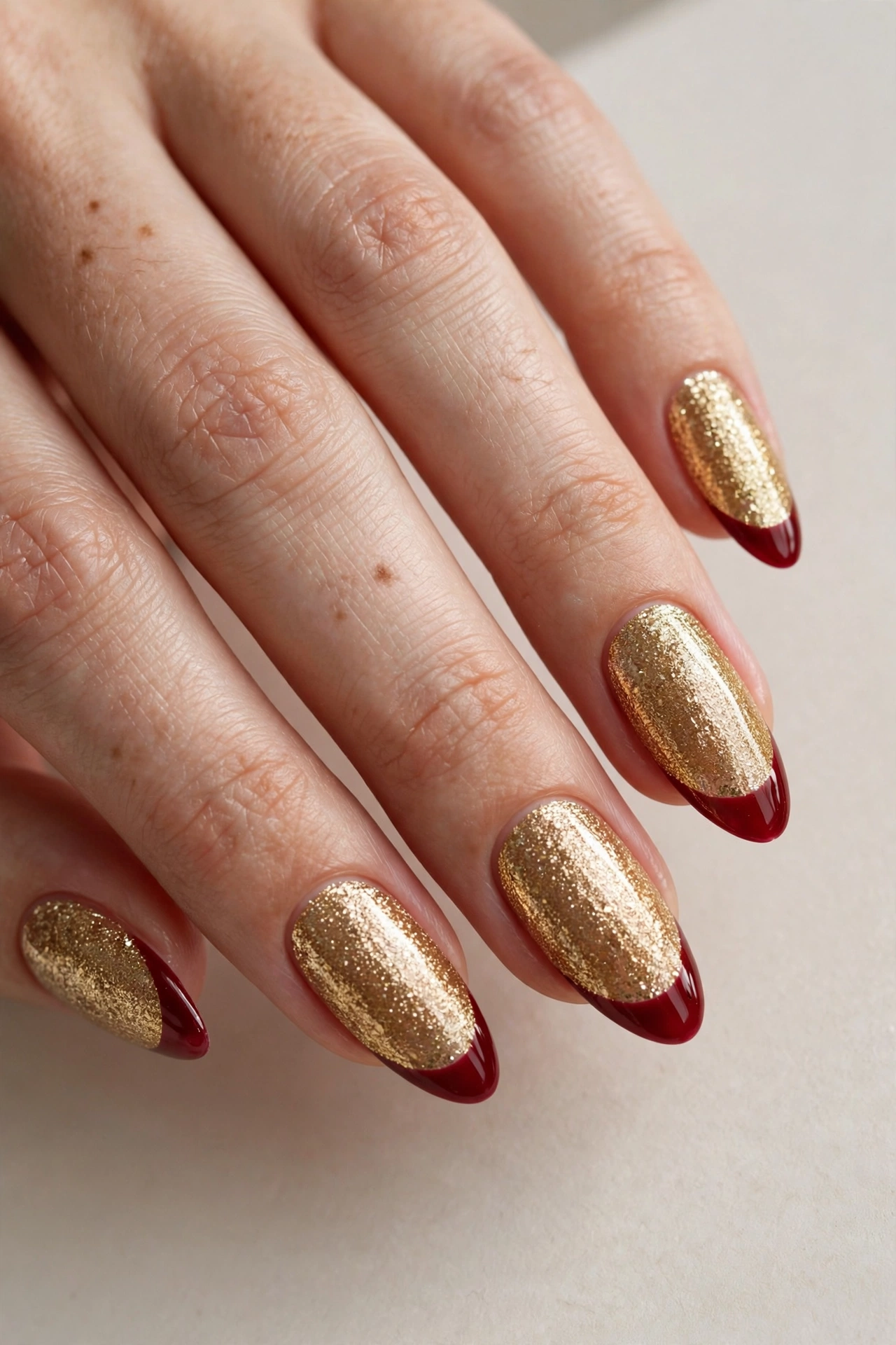 Full gold glitter nails with glossy deep red French tips