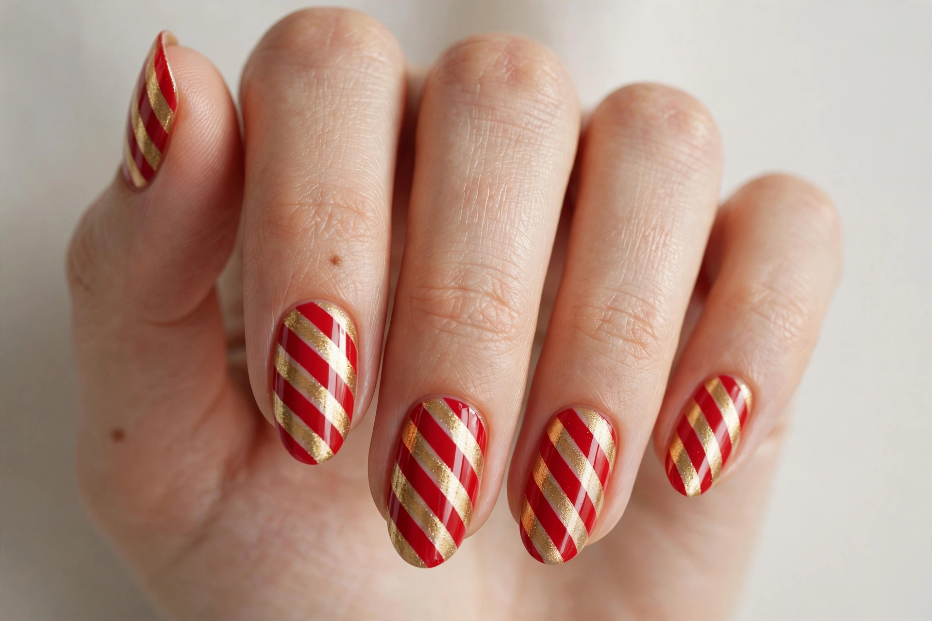 Festive candy cane stripes in red and gold on almond nails