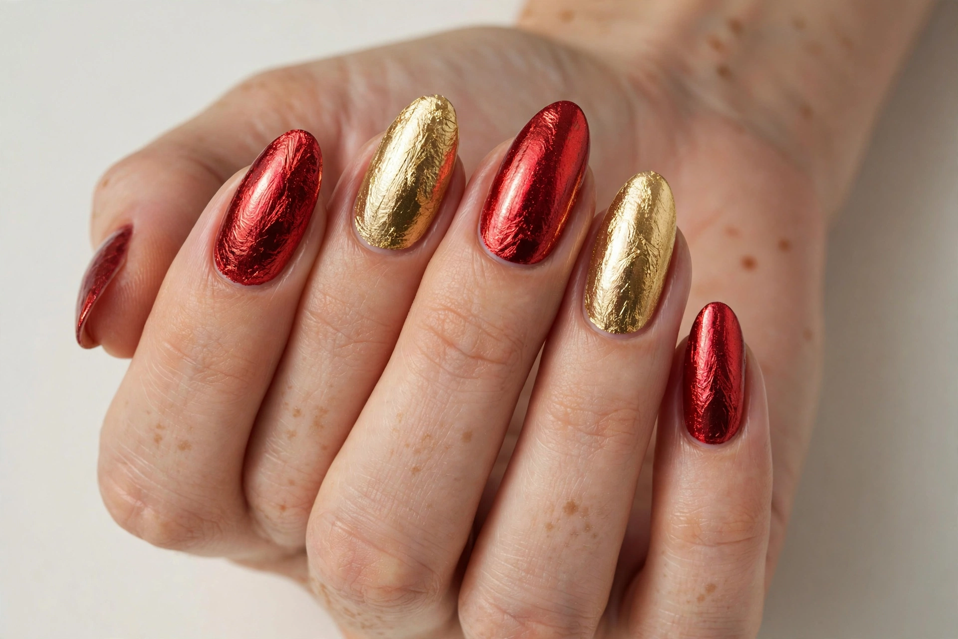 Alternating shimmering red foil and gold foil nails