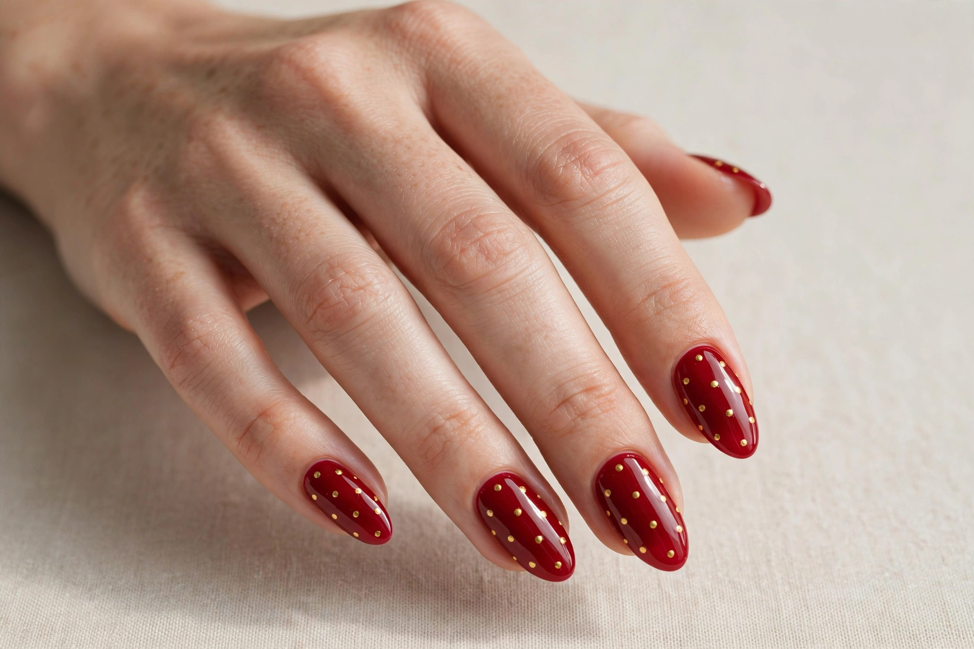 Glossy red nails with gold polka dot nail art