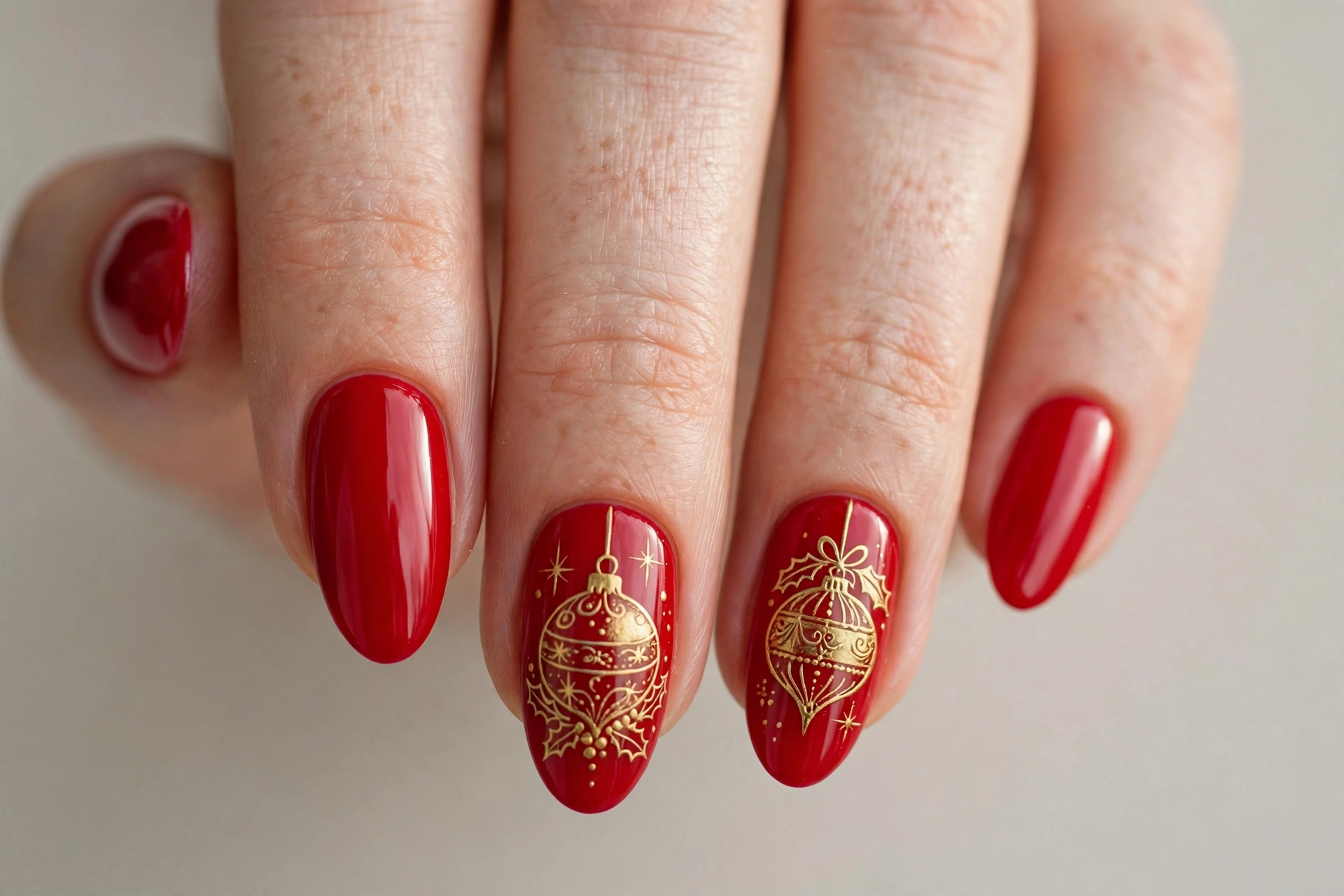 Red nails with hand-painted gold Christmas ornament baubles