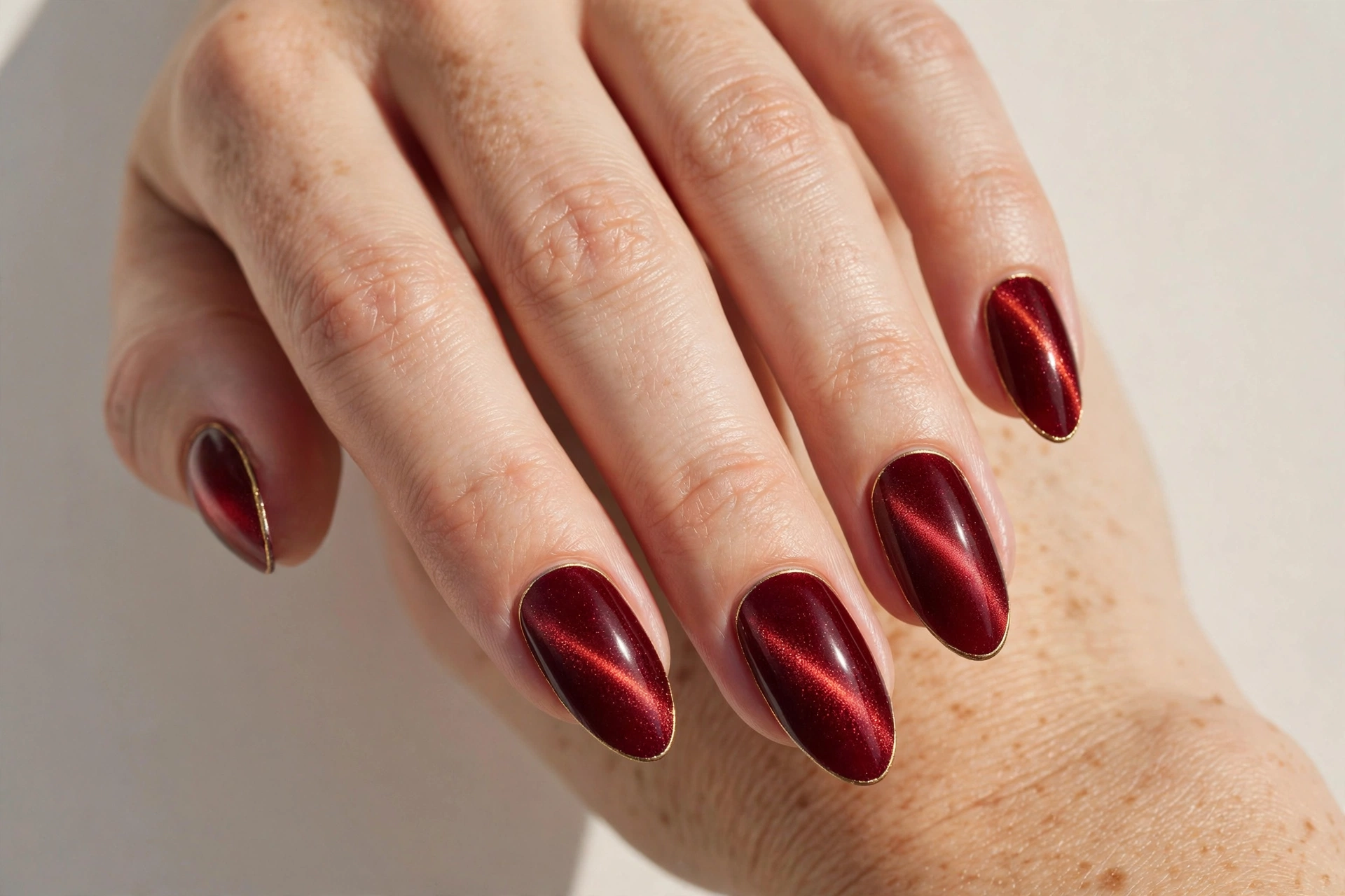 Deep red velvet cat-eye magnetic nails with thin gold outline