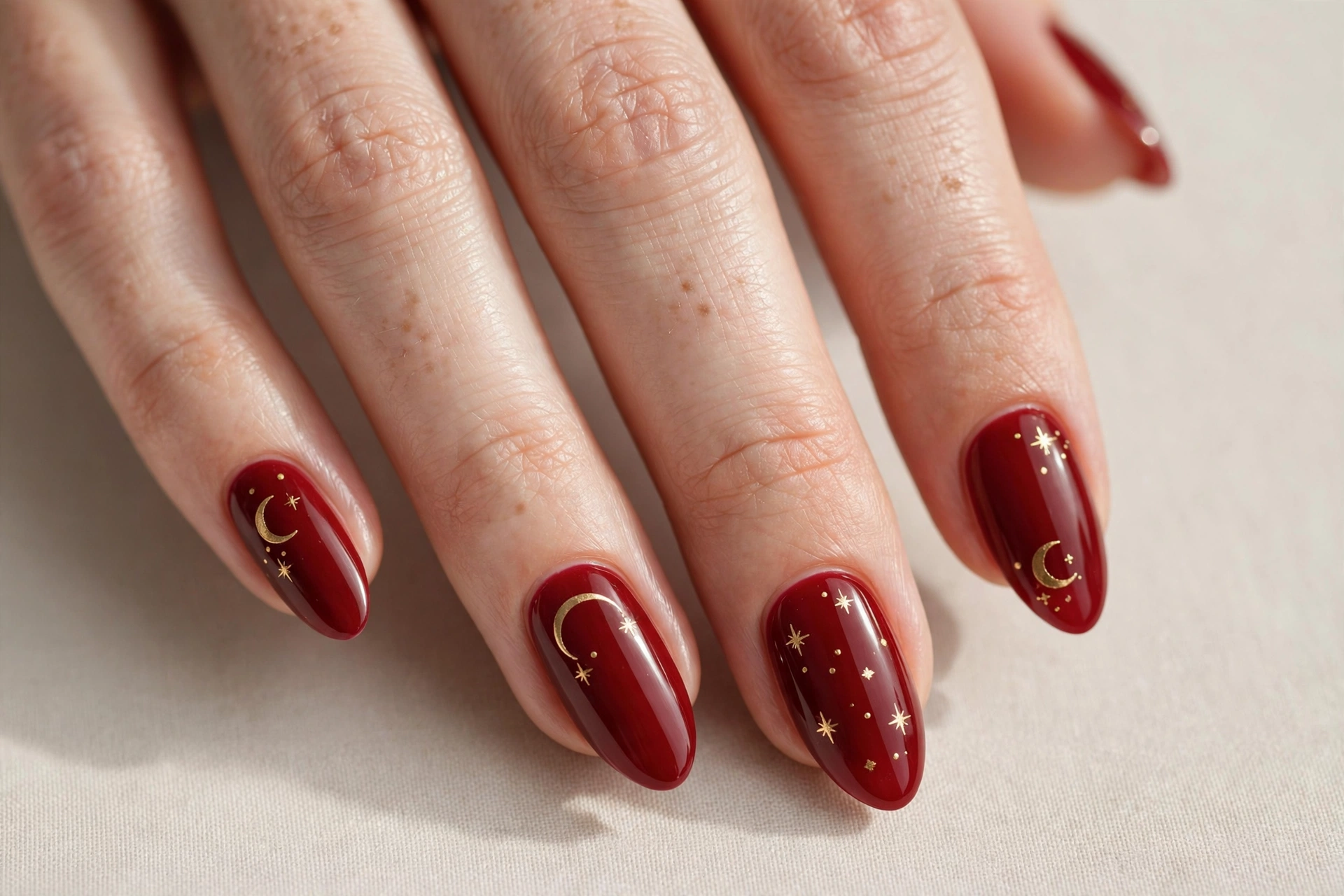 Deep red nails with gold crescent moon and star celestial nail art