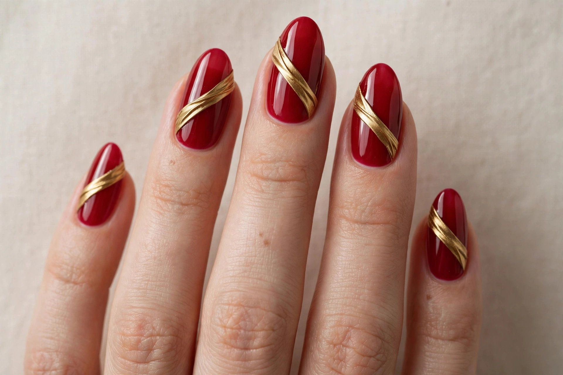 Glossy red nails with gold ribbon stripes wrapping diagonally
