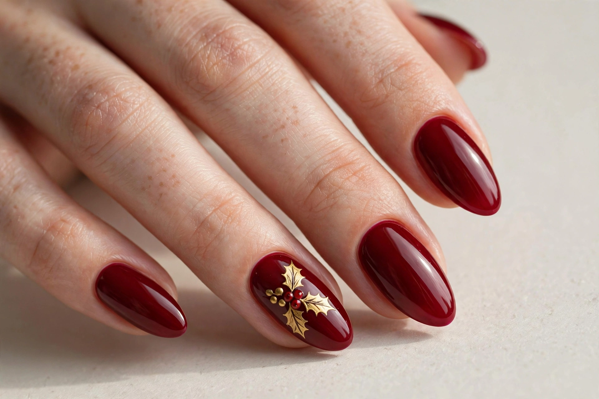 Deep red nails with gold holly leaves and berries on an accent nail