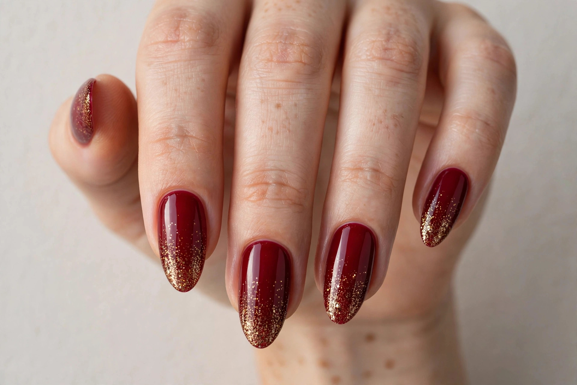 Deep red almond nails with gold glitter gradient tips