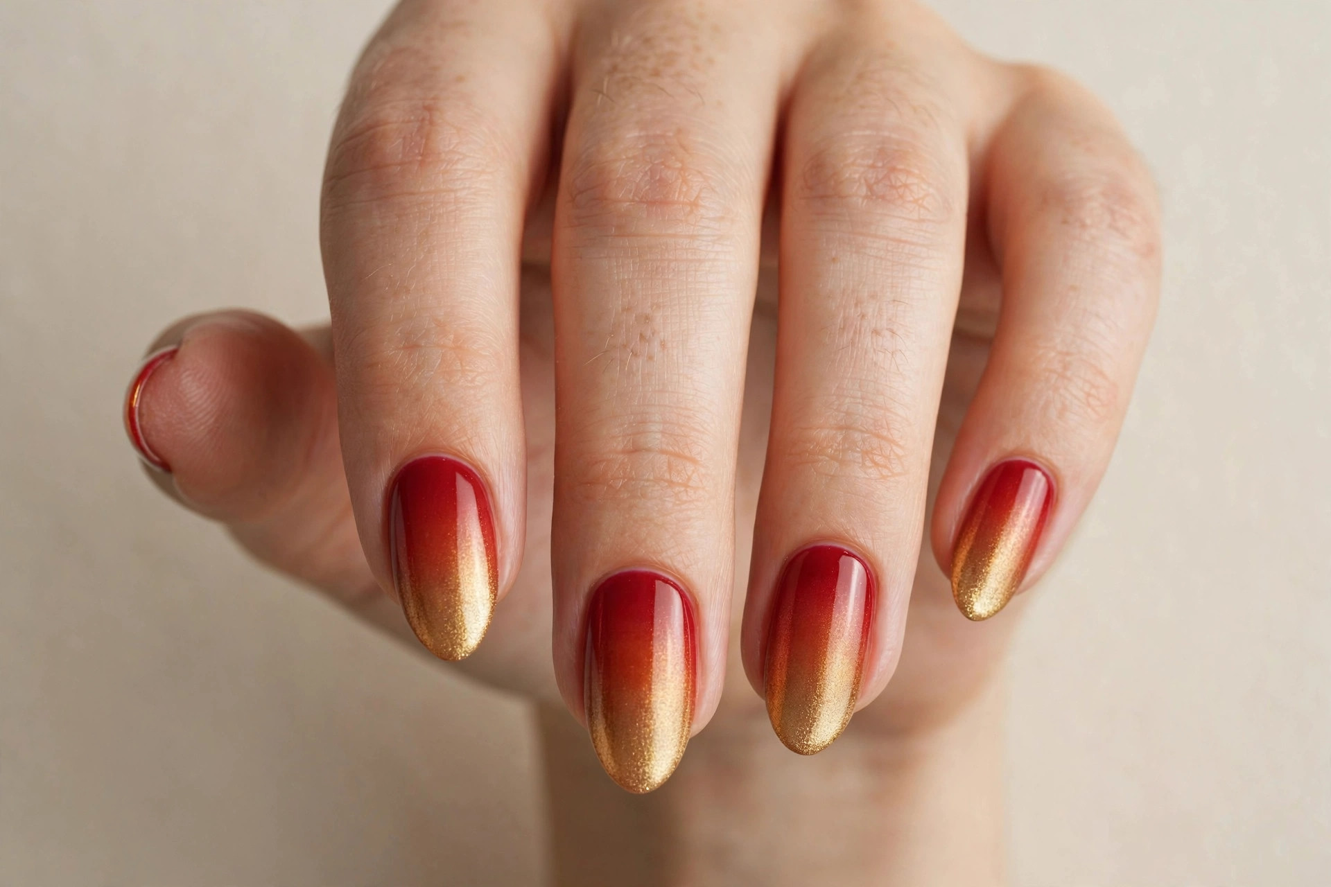 Almond nails with red to gold ombre gradient manicure