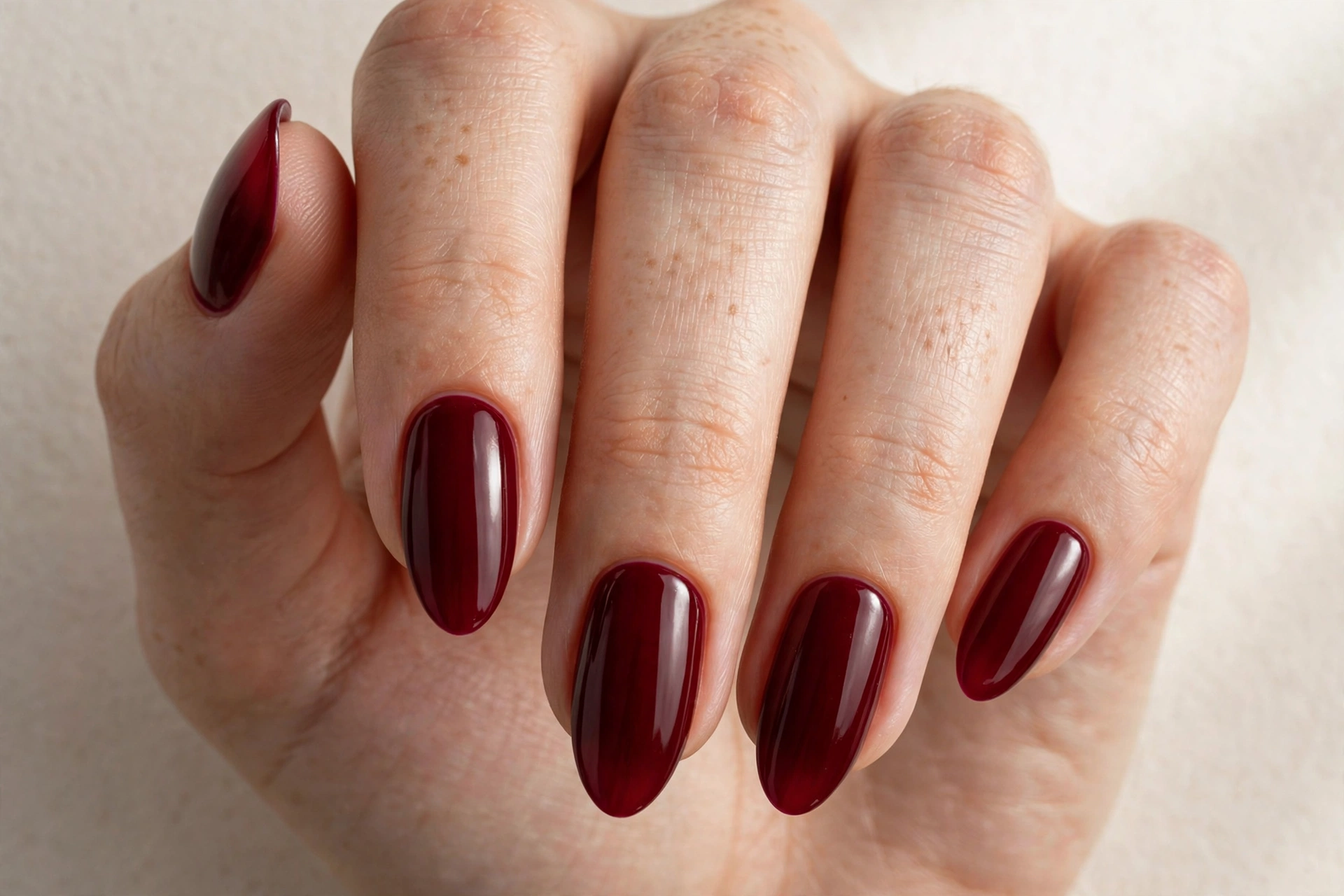 Deep oxblood wine red almond manicure