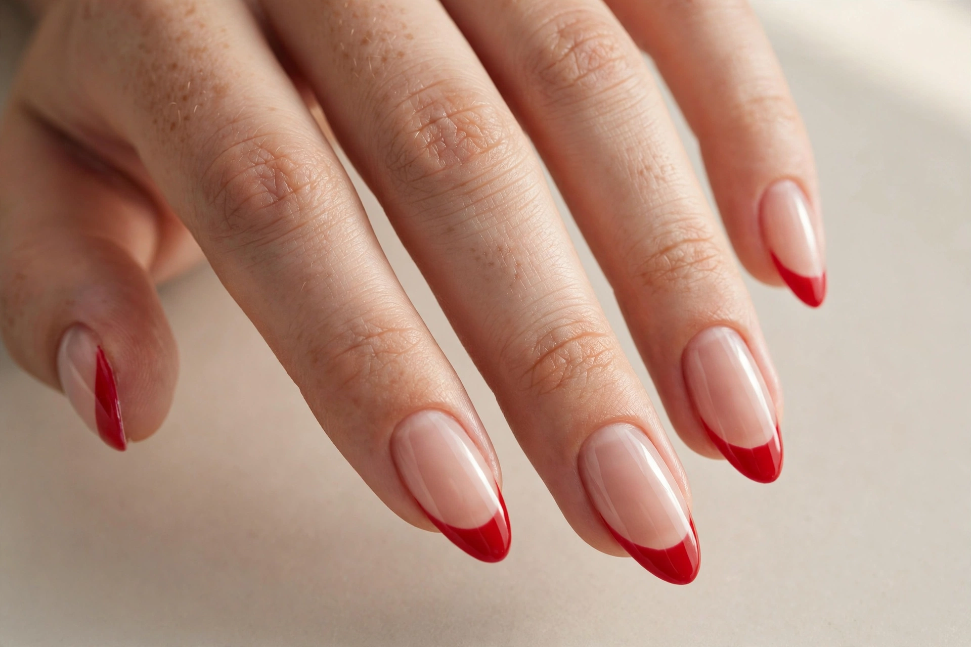 Red French tip manicure on almond nails