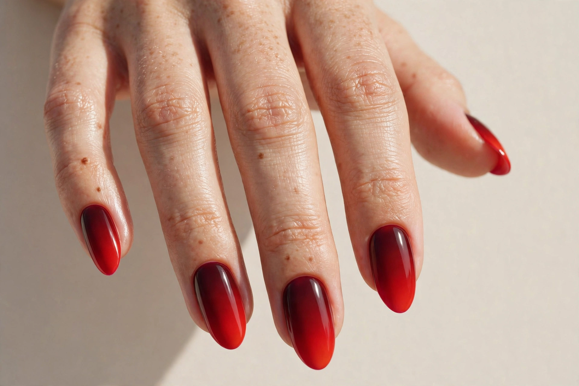 Red ombre manicure fading dark to bright red