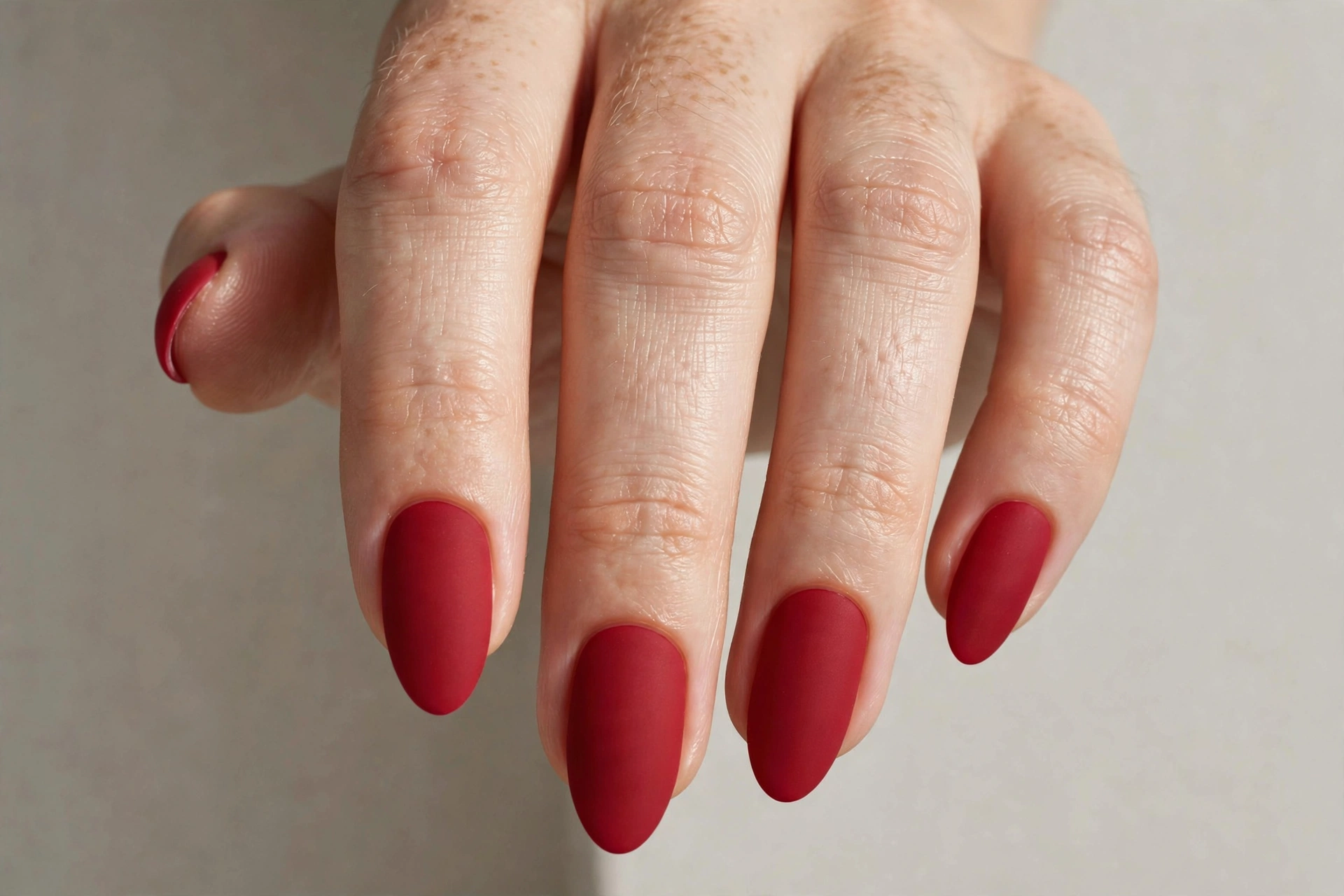 Matte cherry red almond manicure