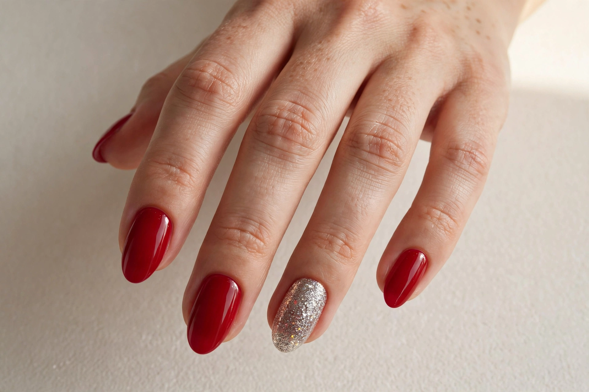 Red manicure with gold glitter accent nail