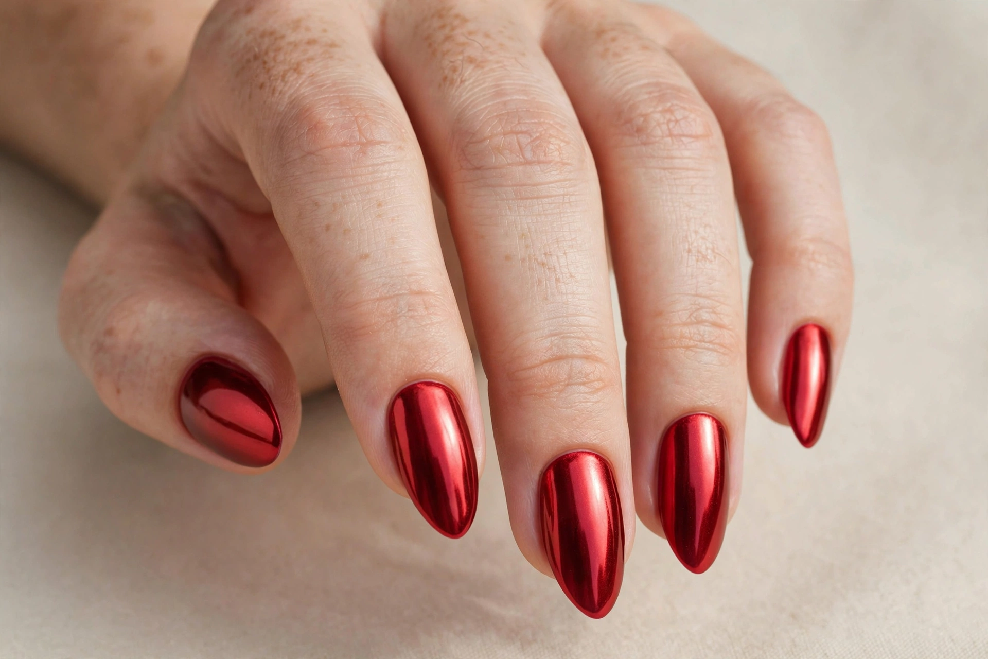 Red chrome mirror almond manicure