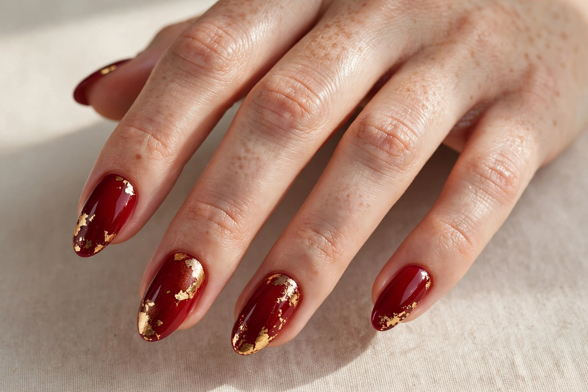 Red manicure with gold foil accents