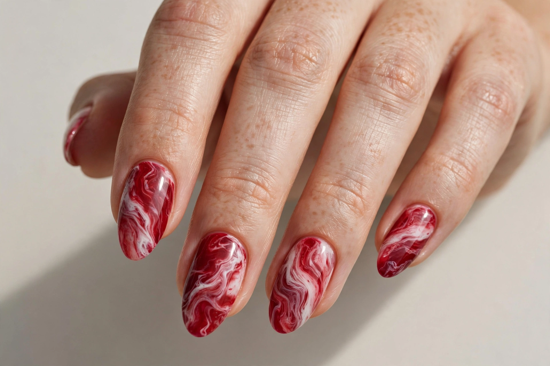 Red and white marble nail art