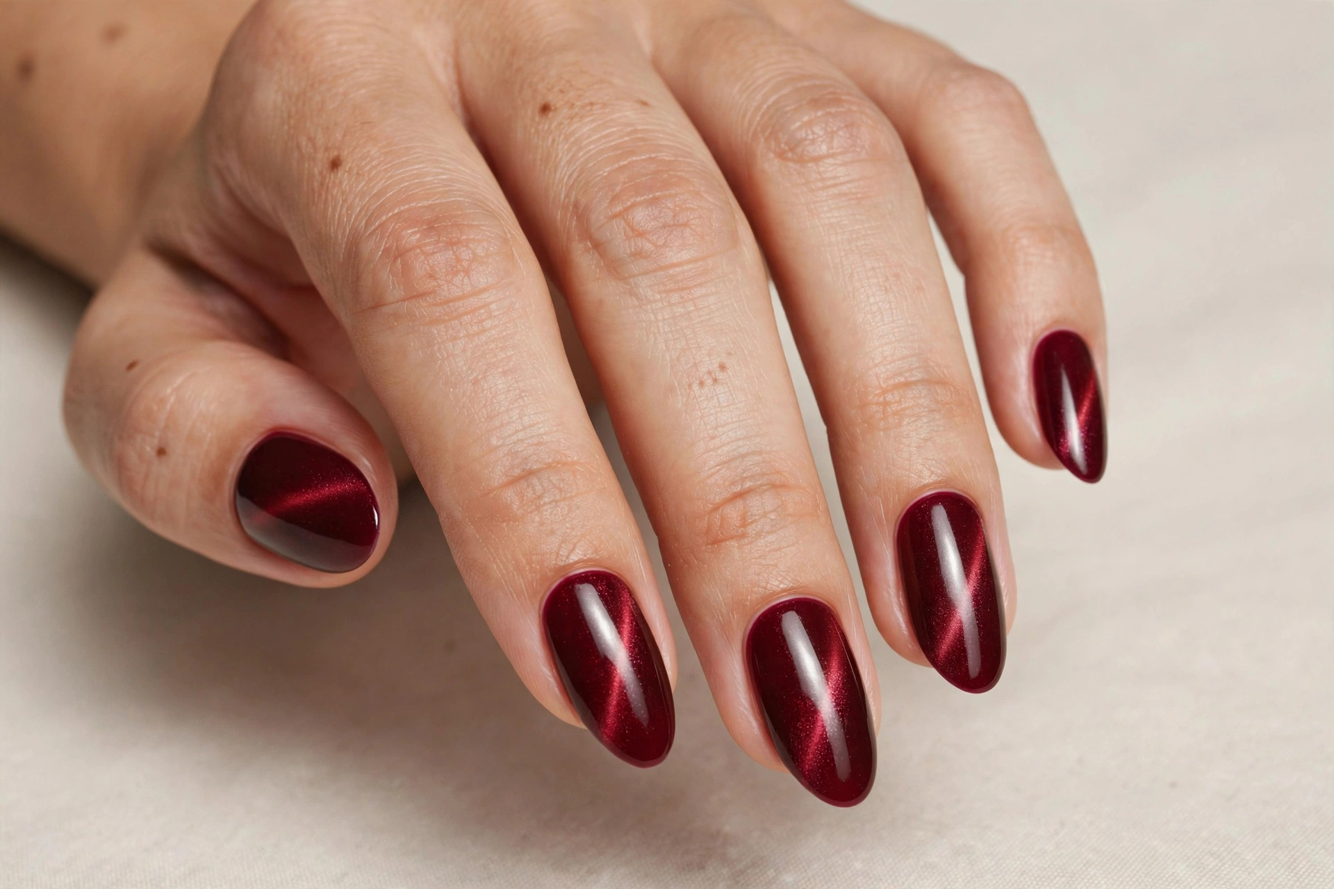 Burgundy red magnetic cat-eye manicure