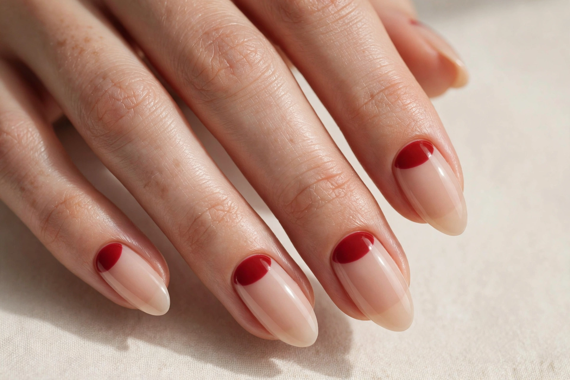 Red half-moon manicure with nude base