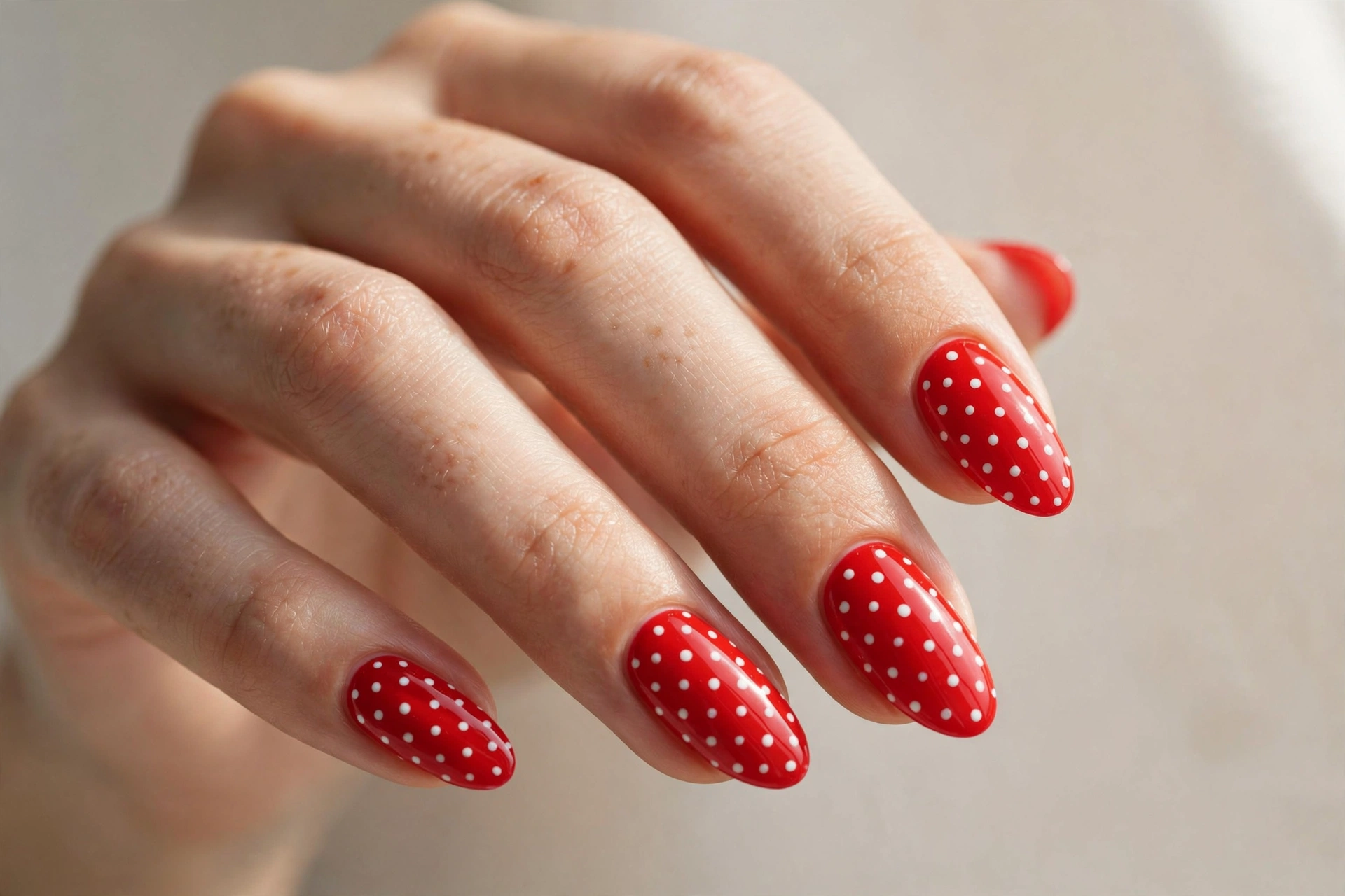 Bright red manicure with white polka dots