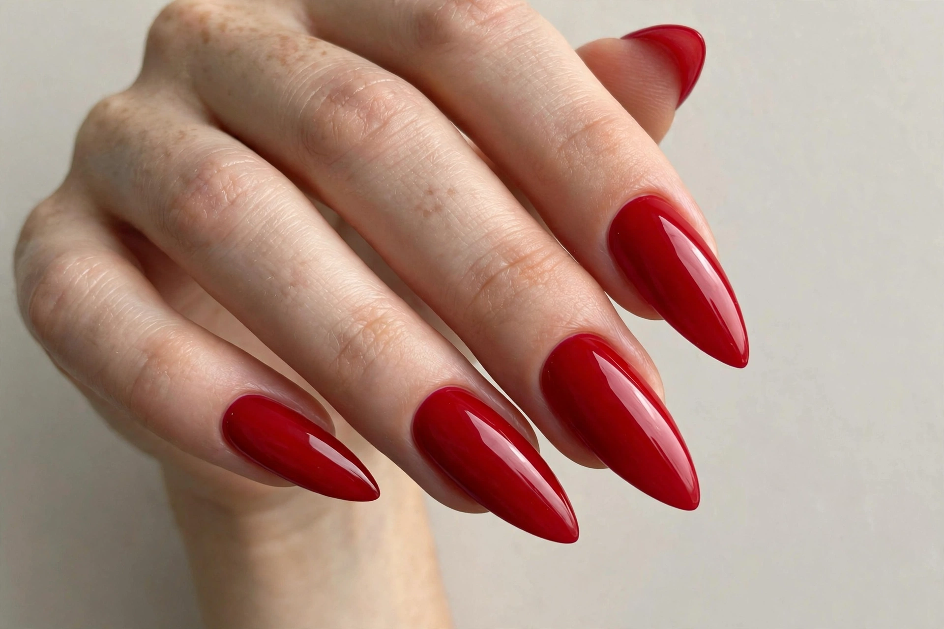 Bold glossy red stiletto nails