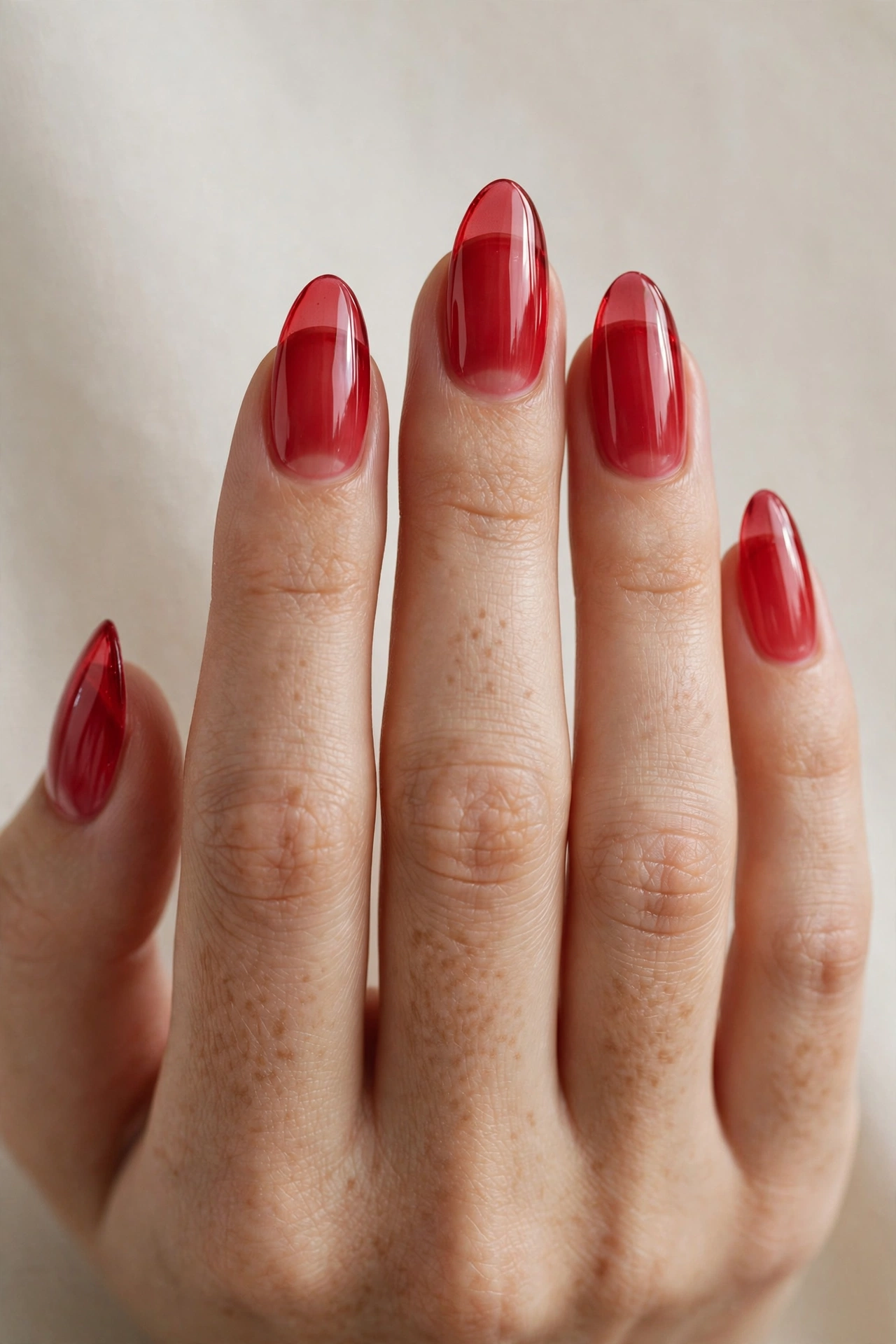 Sheer red jelly translucent manicure