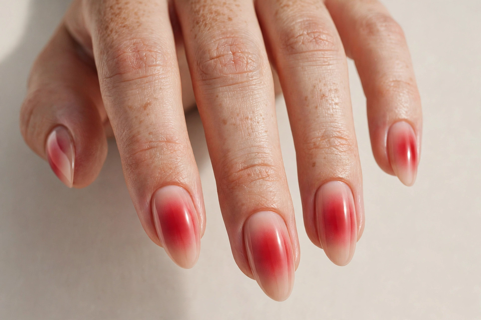 Red aura manicure with soft glow on nude base
