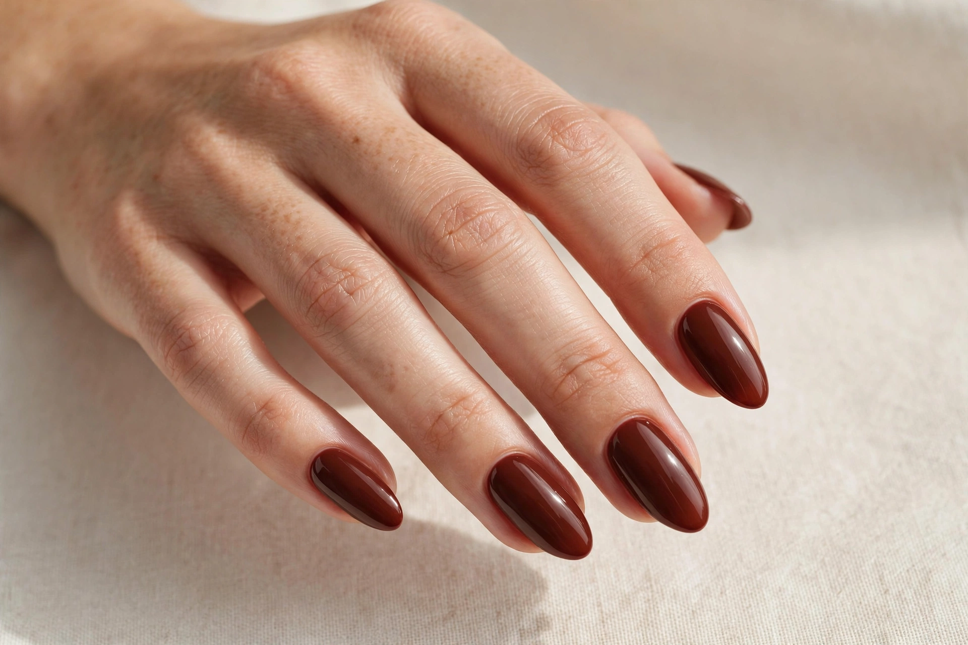 Cherry mocha deep reddish brown manicure