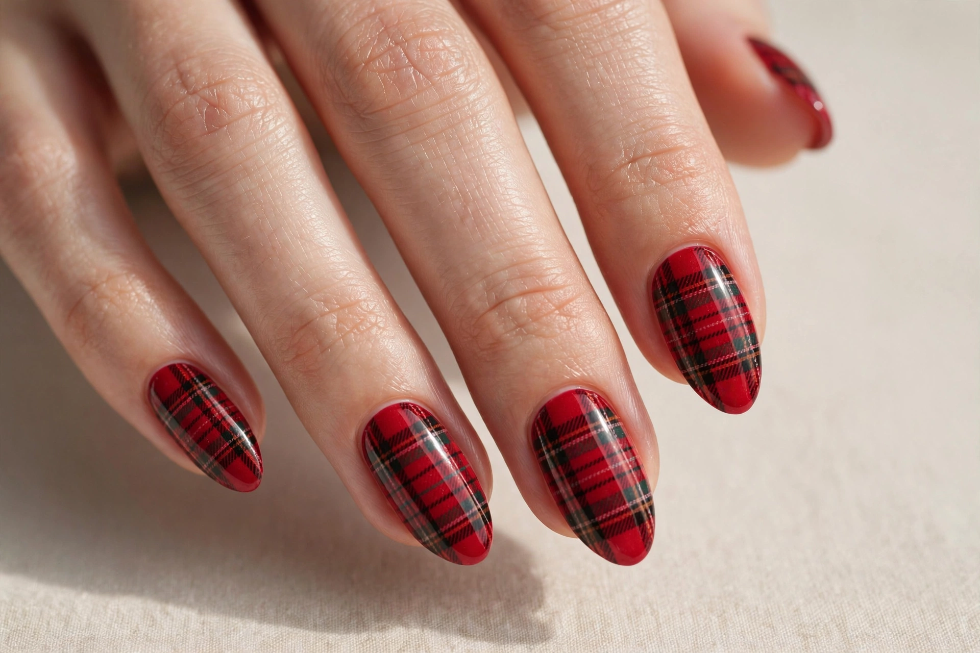 Red plaid tartan nail art