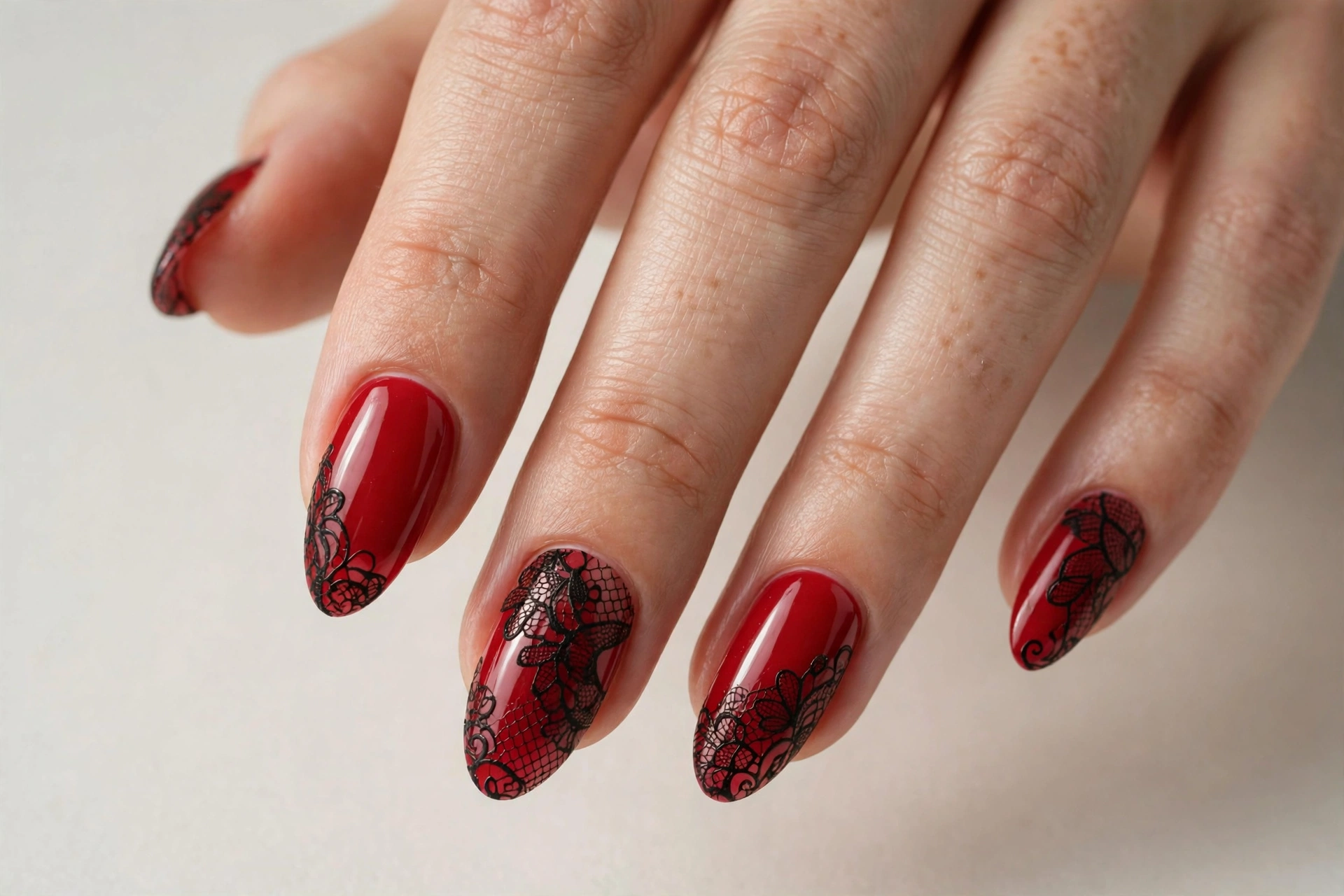 Red manicure with black lace nail art detail