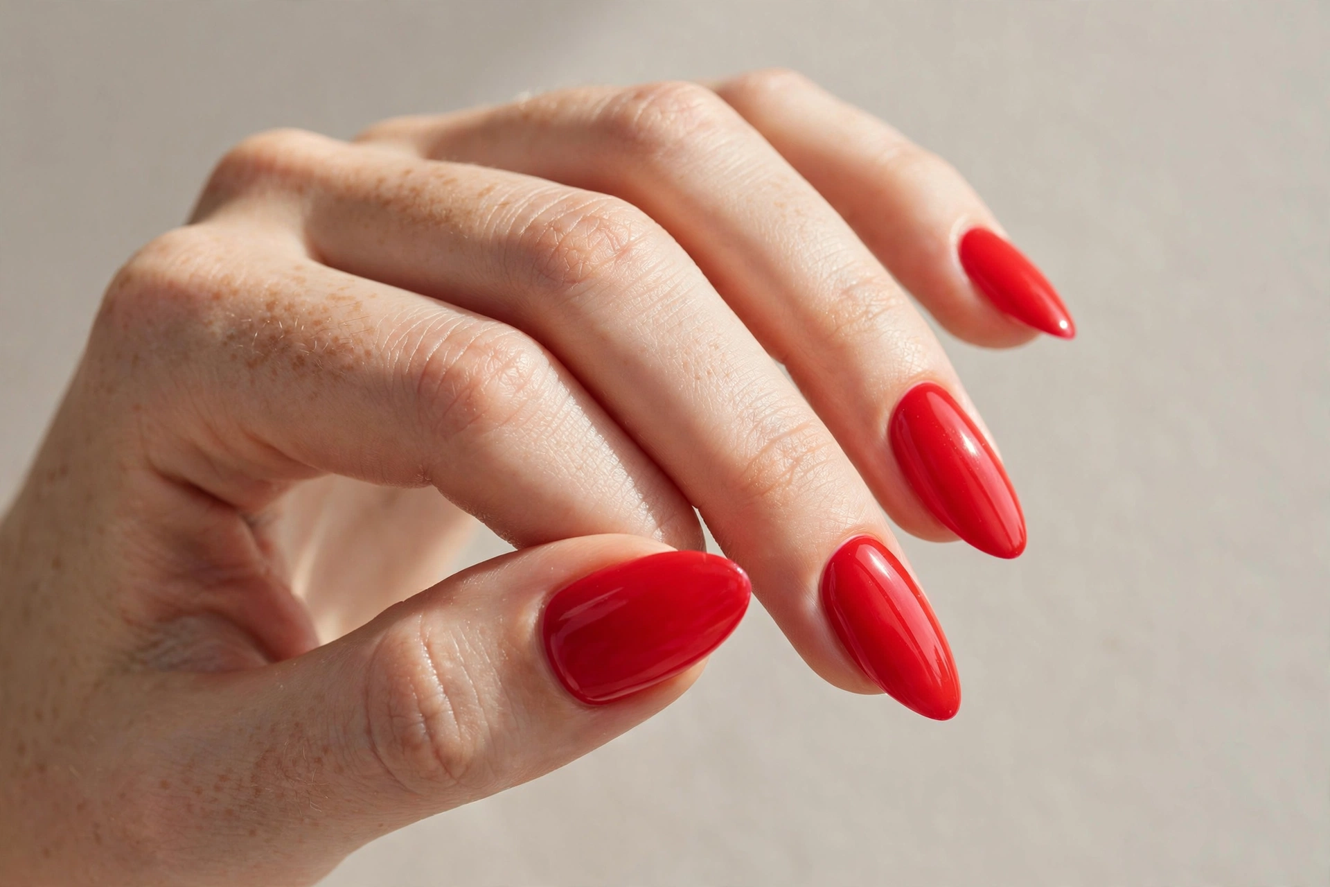 Bright watermelon red almond manicure