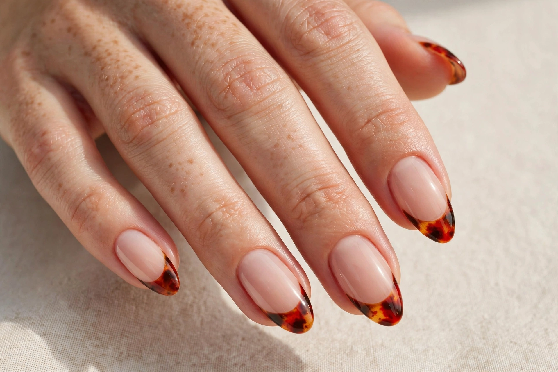 Nude manicure with red tortoiseshell tips