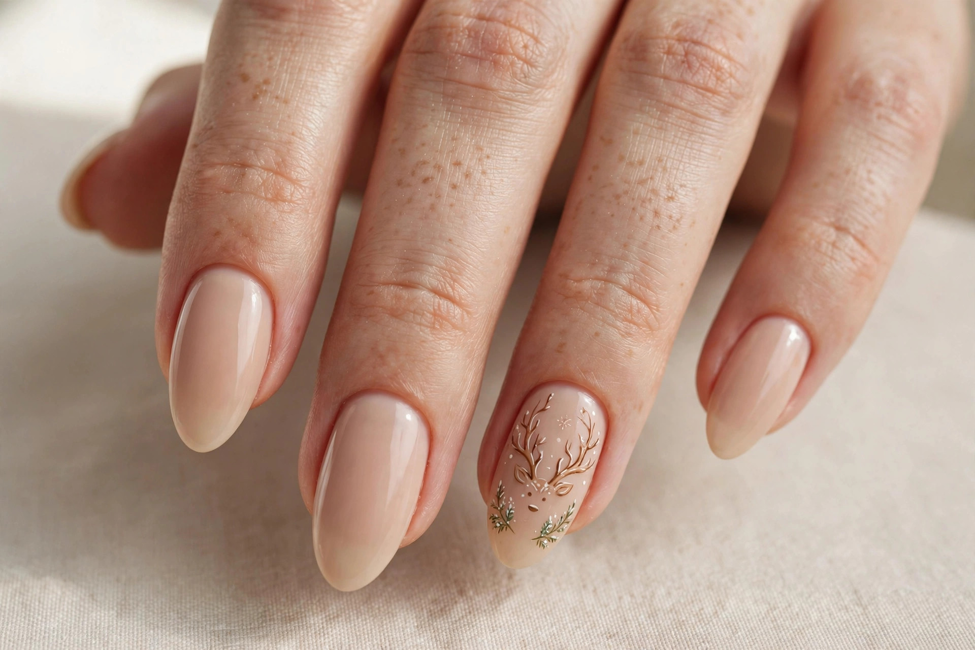 Nude almond nails with hand-painted reindeer antler nail art