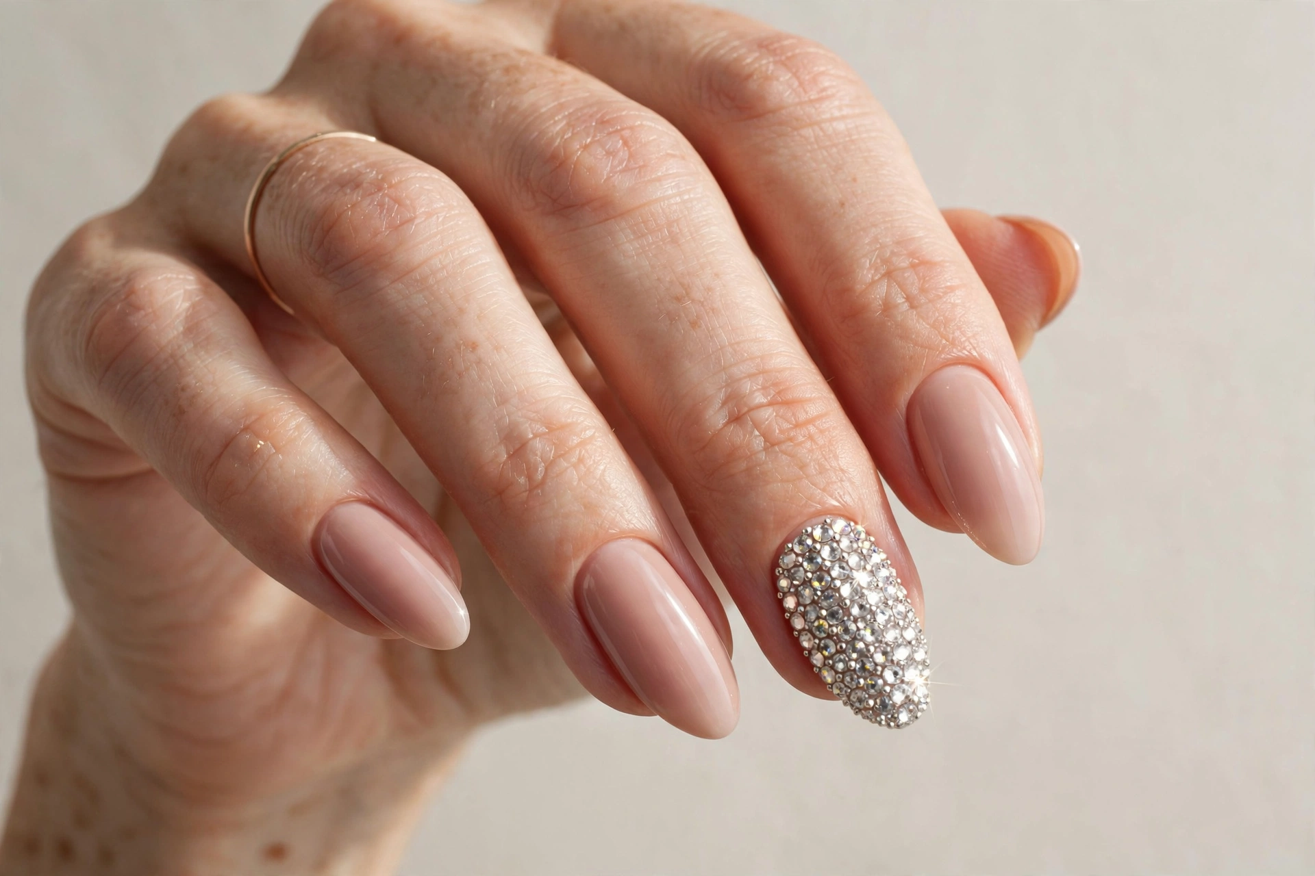Full rhinestone crystal accent nail on nude