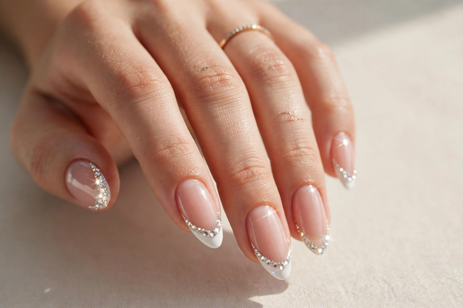 Rhinestone crystal French tip nails