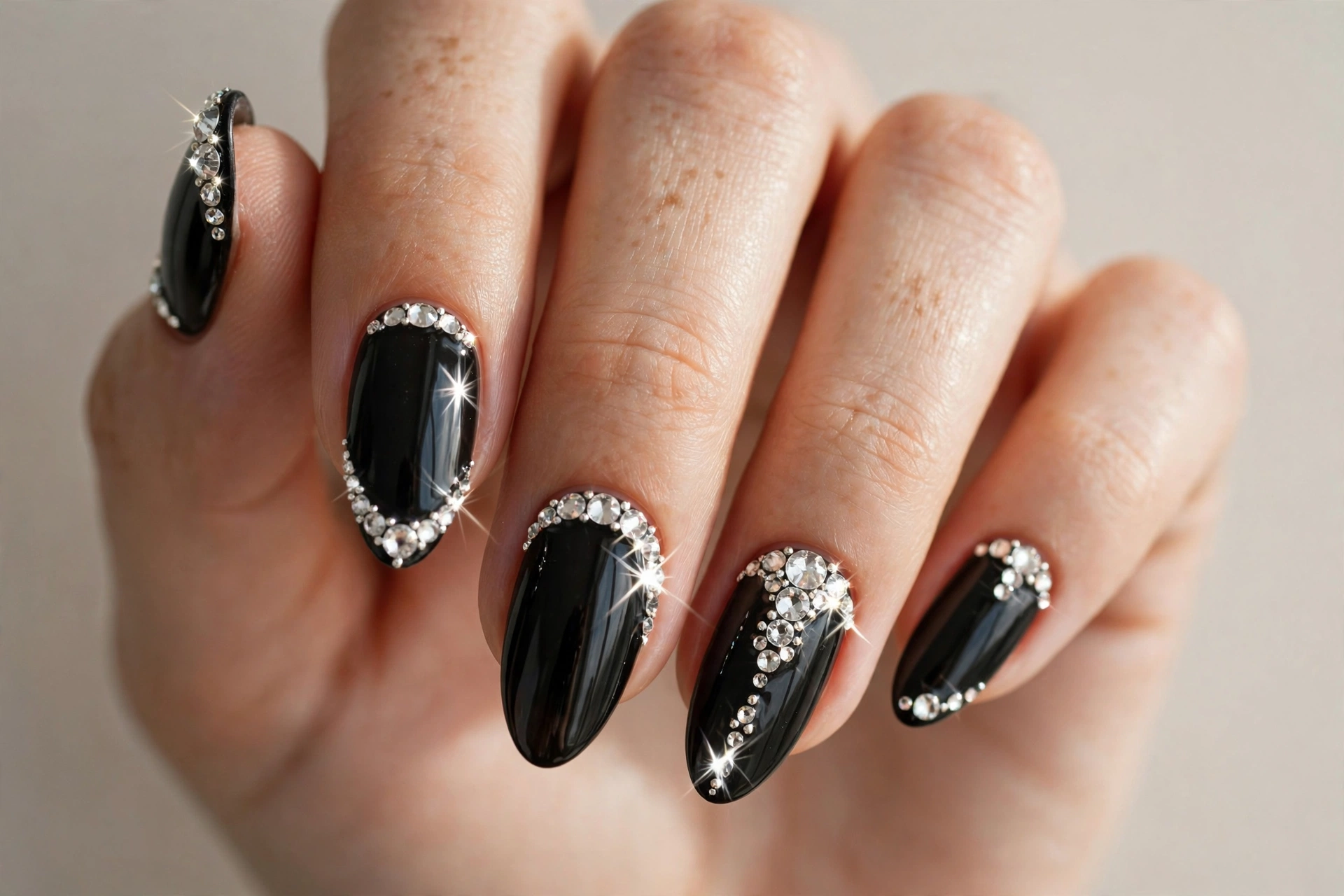 Black nails with crystal rhinestones