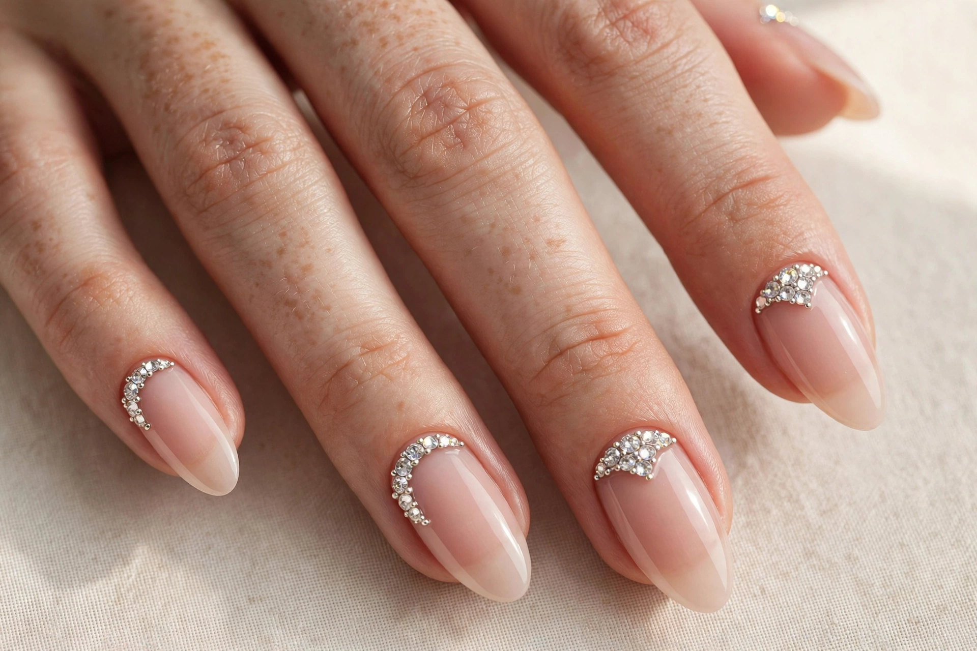 Rhinestone half moon at cuticle