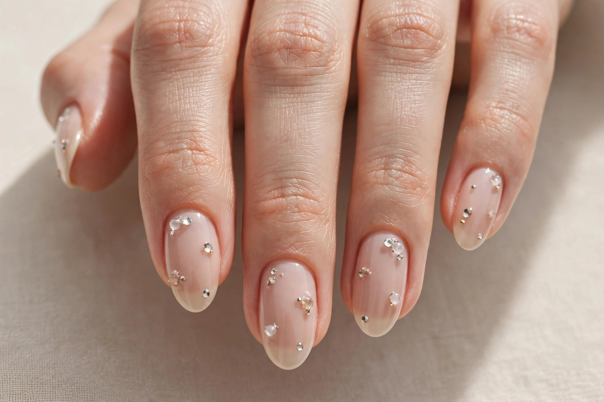 Nude nails with scattered small crystals