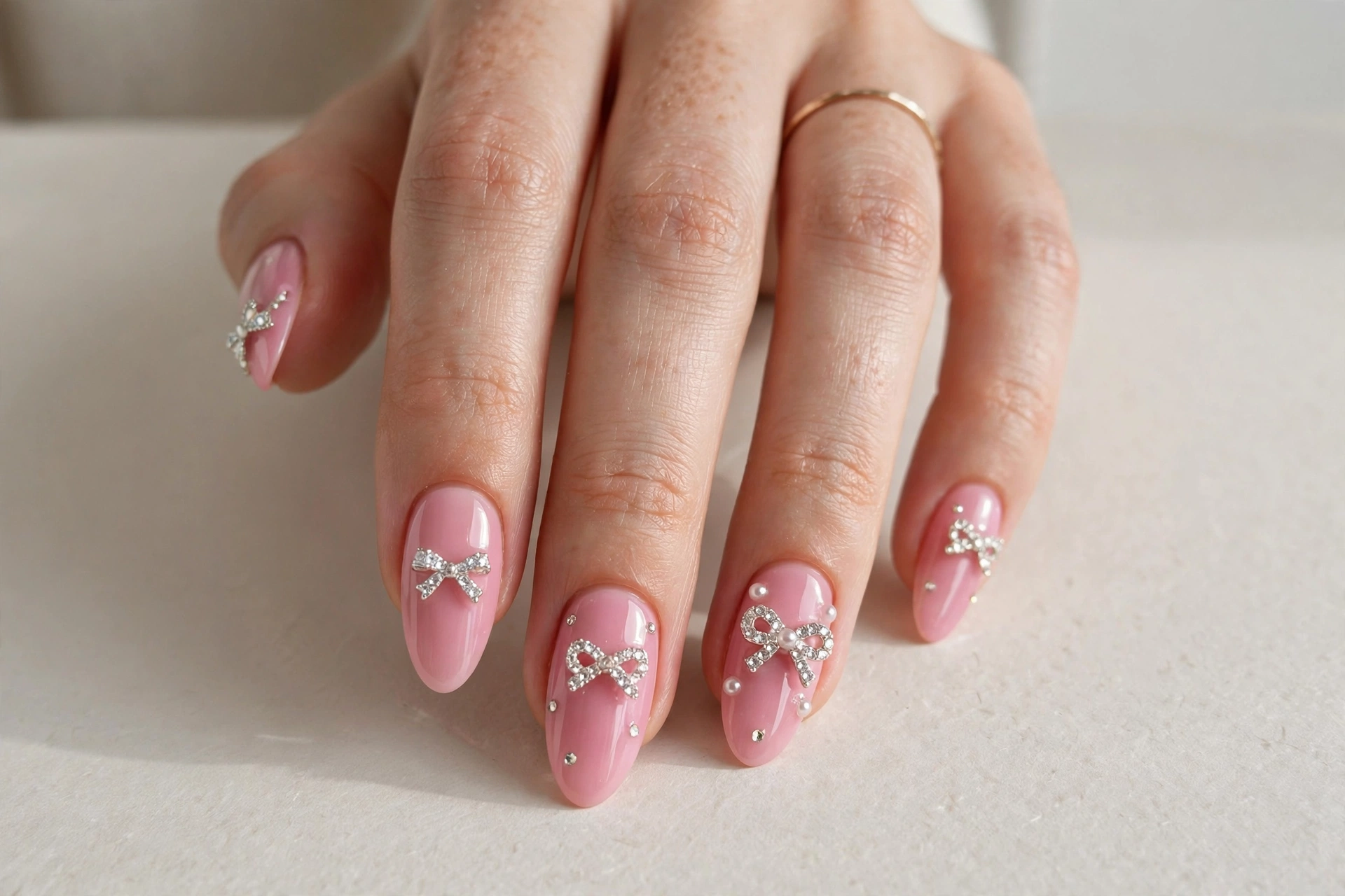 Pink nails with rhinestone bow nail art