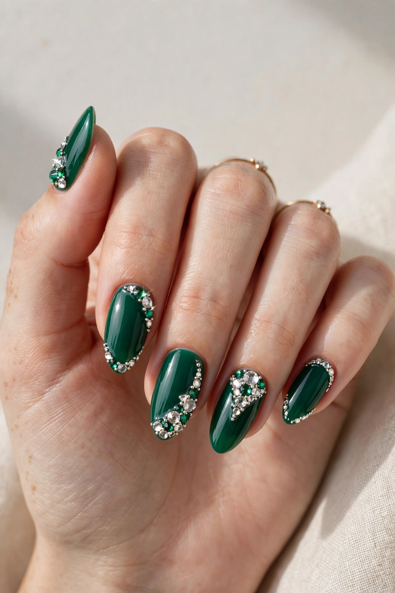 Emerald green nails with crystal rhinestones