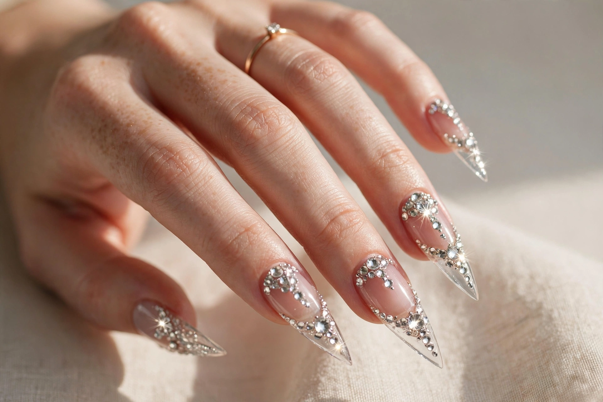 Stiletto nails with rhinestone crystals